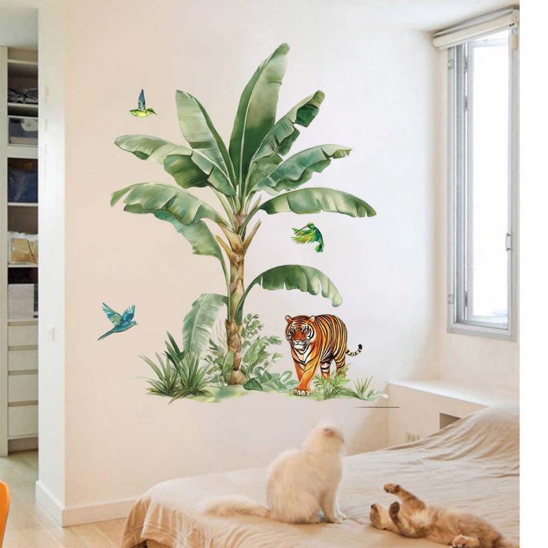 Tropical Tiger & Banana Leaf Bird Wall Sticker for Living, Dining, or Study Rooms - Self-Adhesive Decor