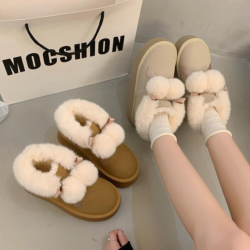 Women's Lightweight Increased Height Thick Sole Winter Warm Fur Integral Snow Boots Plush Lined Non-Slip Casual Sports Cotton Boots Sneakers Fur Shoes
