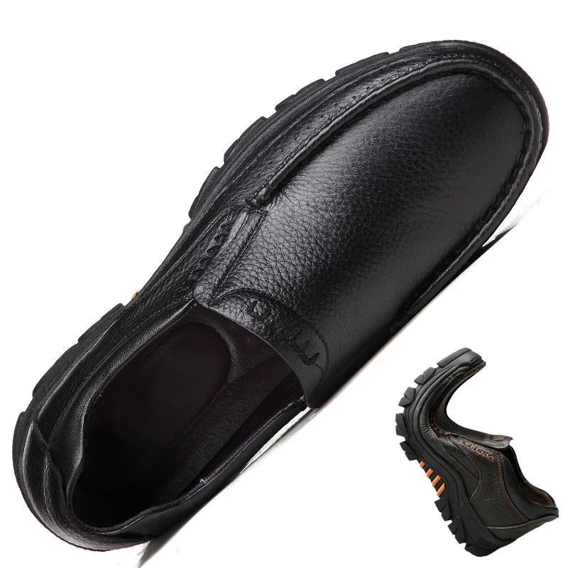 Fashion 100% Genuine Leather Shoes Men Loafers Soft Cowhide Mens Casual Shoes Brand Male Footwear Black Brown Slip-on Thick Sole