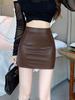 Women's Brown High-Waisted PU Leather Bodycon Skirt - Slim-Fit, Sexy Pencil Style for Autumn/Winter 2026.