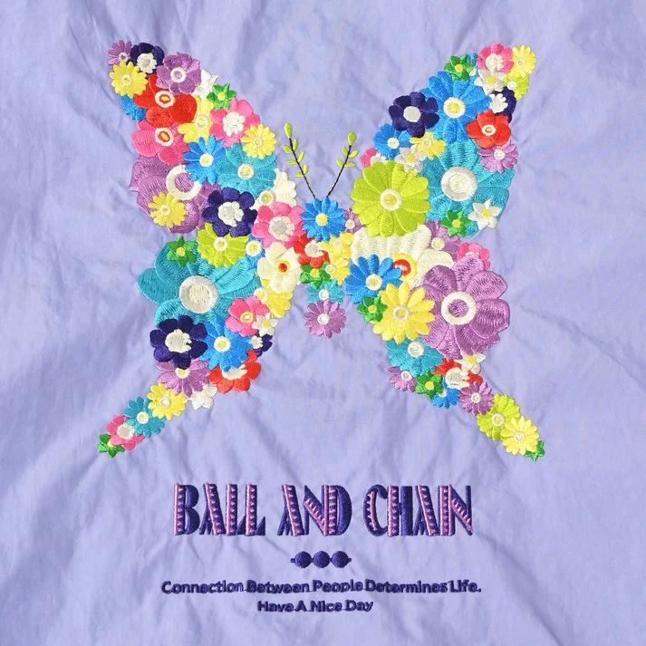 Eco-Friendly Embroidered Nylon Shopping Bag with Butterfly and Flower Designs, Convertible Hand-Held/Shoulder Style.