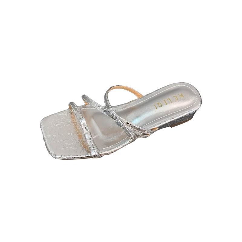 Bow square head low heel one-word drag girl wearing cool slippers in the summer of 2025 fairy style versatile pink sandals