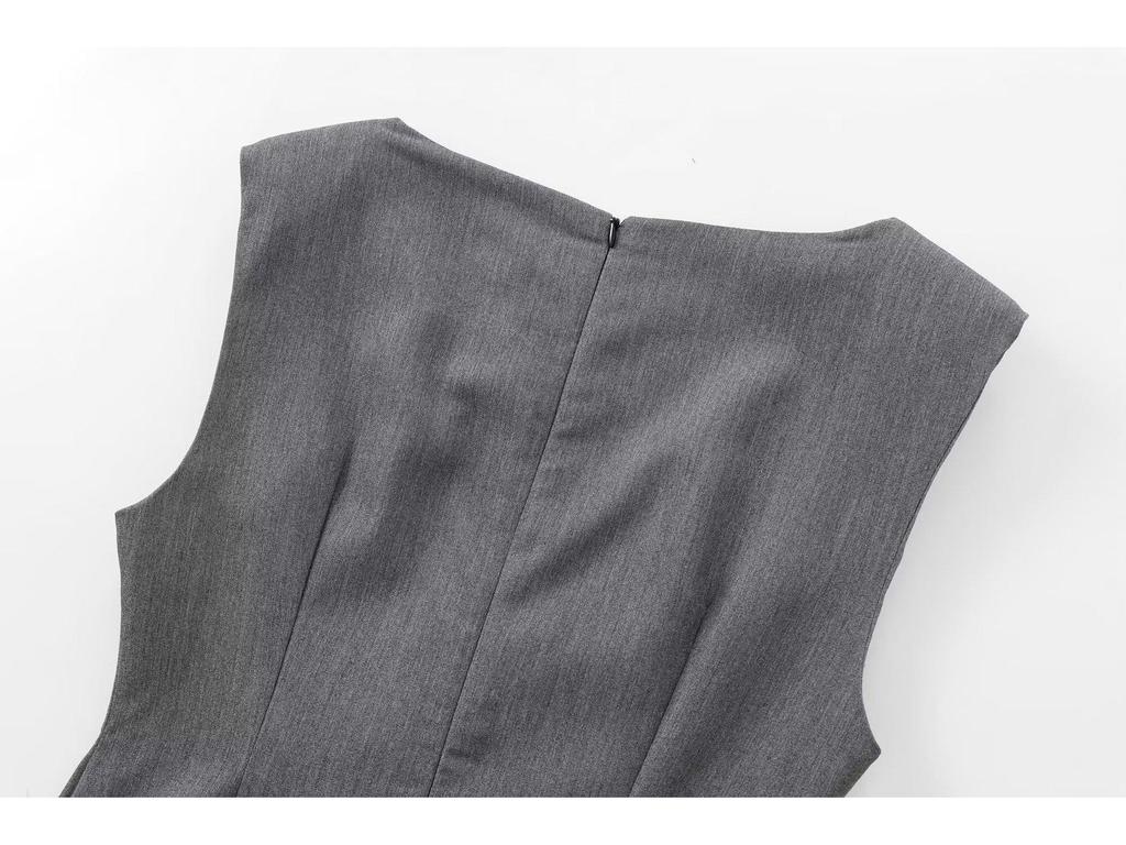 2025 Spring/Autumn Women's Sleeveless Round Neck Midi Dress with Waist Pleats