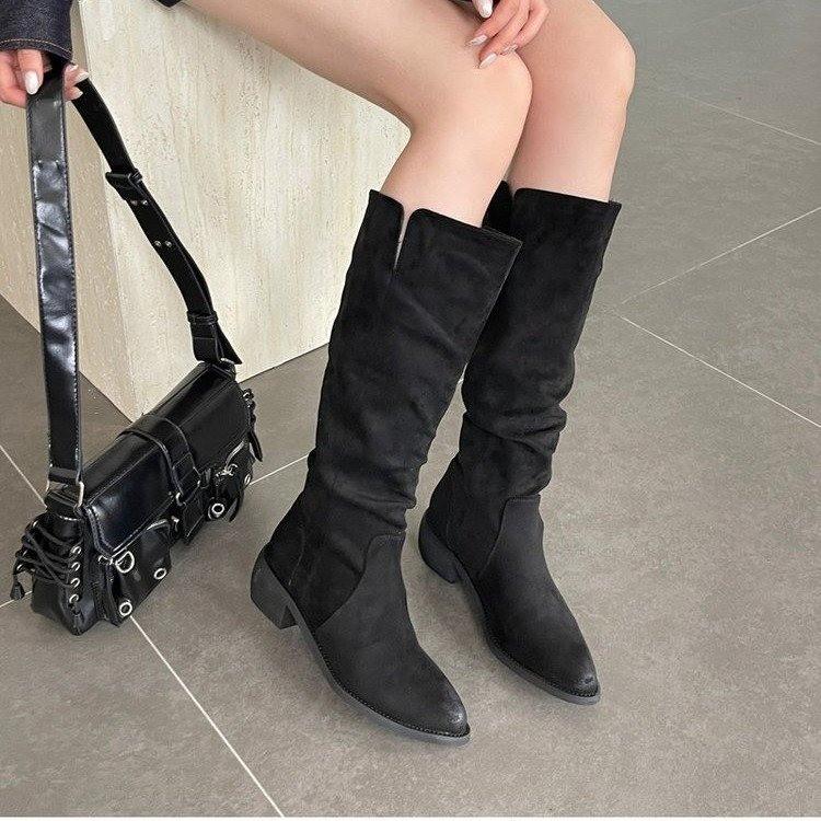 Fashion Retro Pleated Suede Long Boots for Women. 2025 Winter Fashion Chunky Stiletto Sexy Boots. Large Size Versatile Women's Boots.