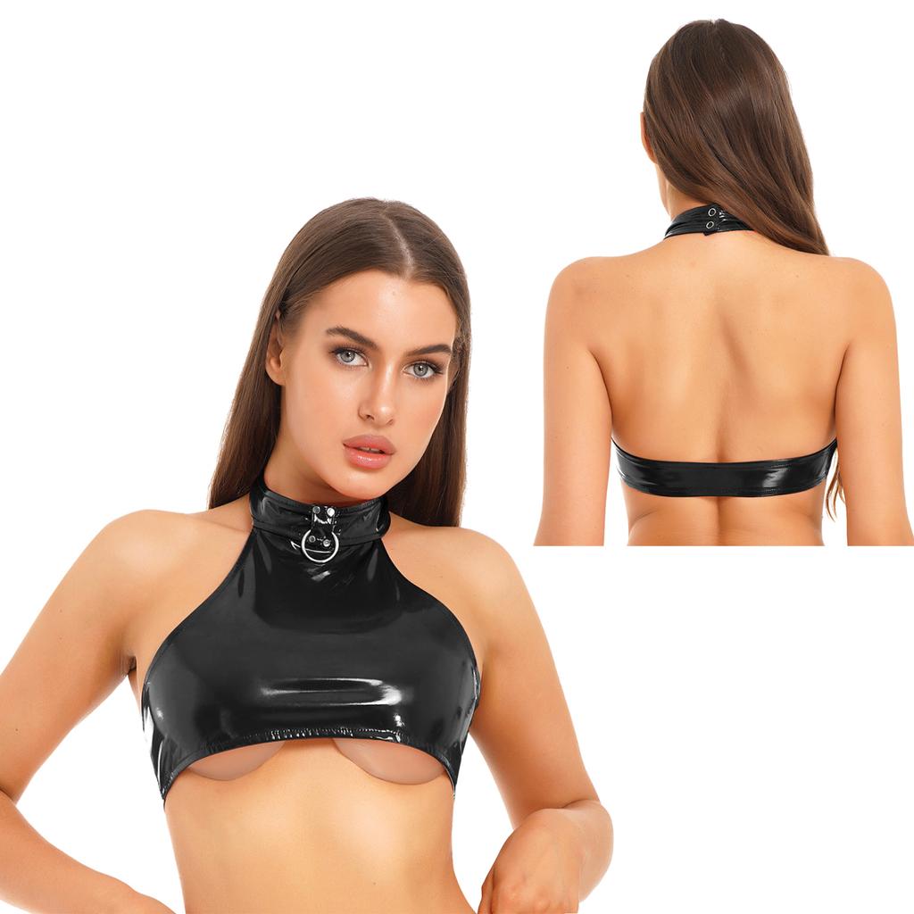 Dámské spodní prádlo Wet Look Lakovaná Leather Halter Vest Crop tílko Rave Clubwear