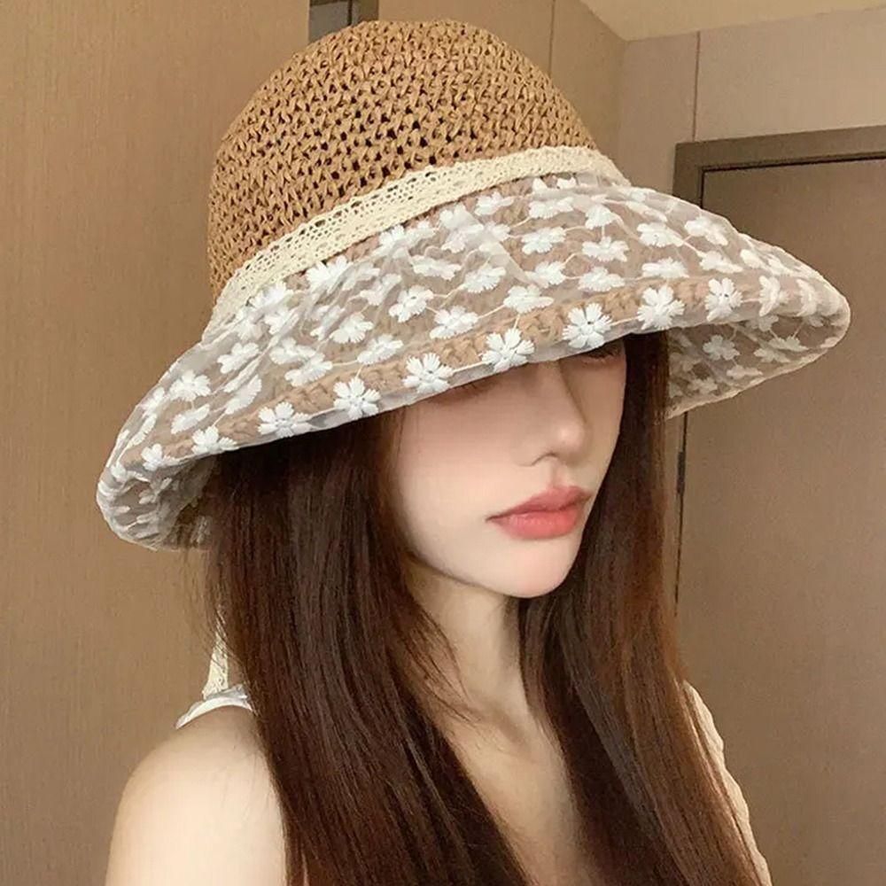 Breathable Flower Sun Hat Large Brim Lace Bowknot Sunshade Cap Fashion Woman's Straw Hat  Outdoor
