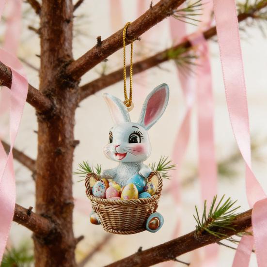 Easter Bunny Ornament 2D Flat Acrylic Bunny Car Rearview Mirror Charm Cartoon Bunny Egg Hanging Pendant for Home Car Window Backpack Holiday Decor