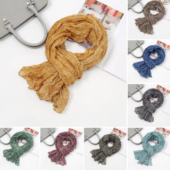 Women Scarf Solid Color Pleated Design Versatile Long Scarf Retro Style Versatile Comfortable Cotton Linen Shawl