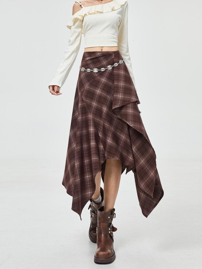 Women's Retro Plaid Woolen Skirt - Irregular Slimming Design for Autumn/Winter