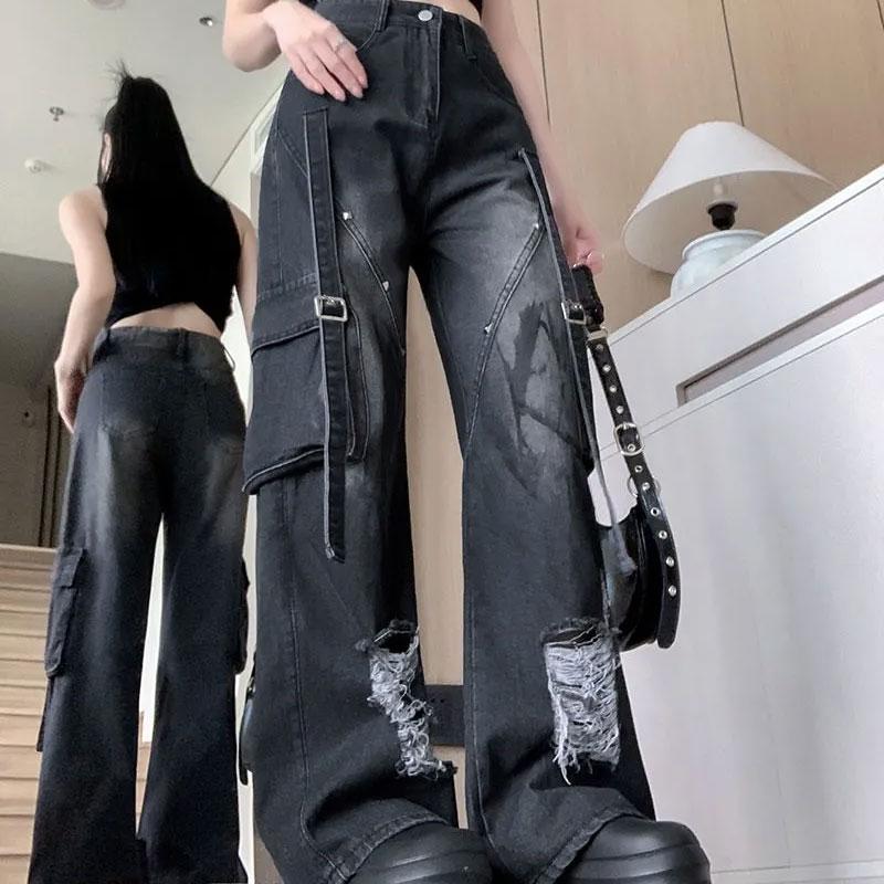 American Retro Black Denim Trousers Female Cargo Pocket Wide Leg Pants High Street Ripped Distressed Buckle Decoration Jeans New