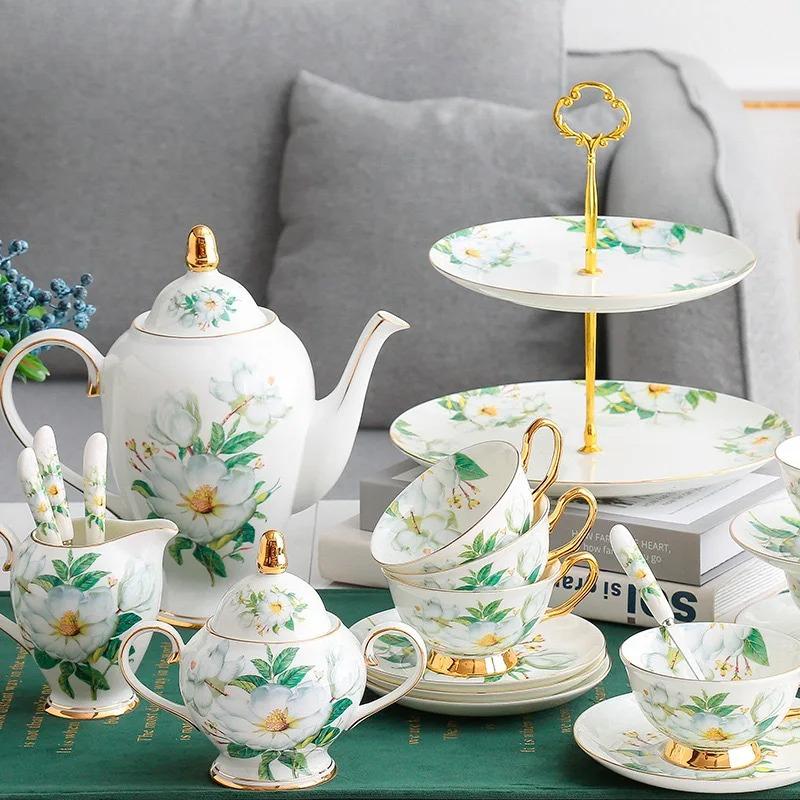 Gold-plated Ceramic Cup&saucer Green Flowers Pattern Coffee Mug Dining Table Milk Mugs Afternoon Tea Teacup Fruits Juice Cup