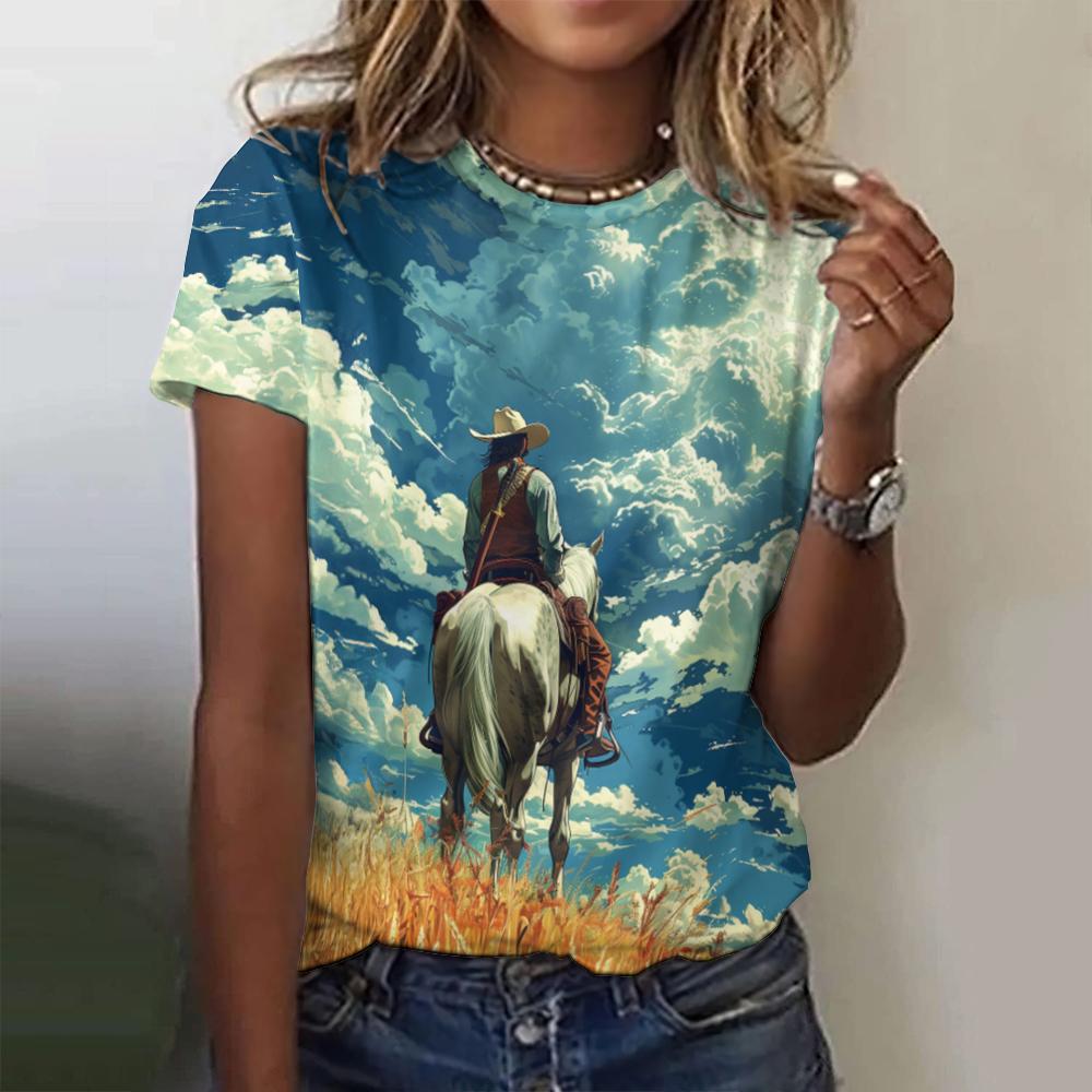 Retro Western Women's Short Sleeved T-shirt Top Loose Cowboy 3D Printed T-shirt