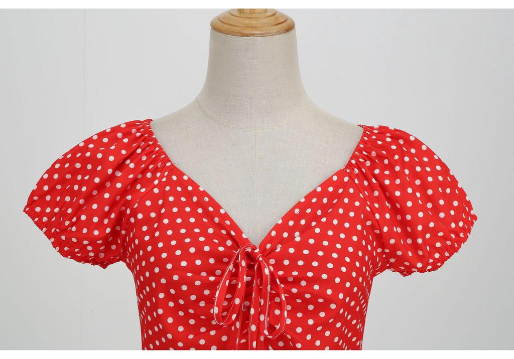 Retro V-neck Short Sleeve Polka Dot Waist-Cinching Dress for Women