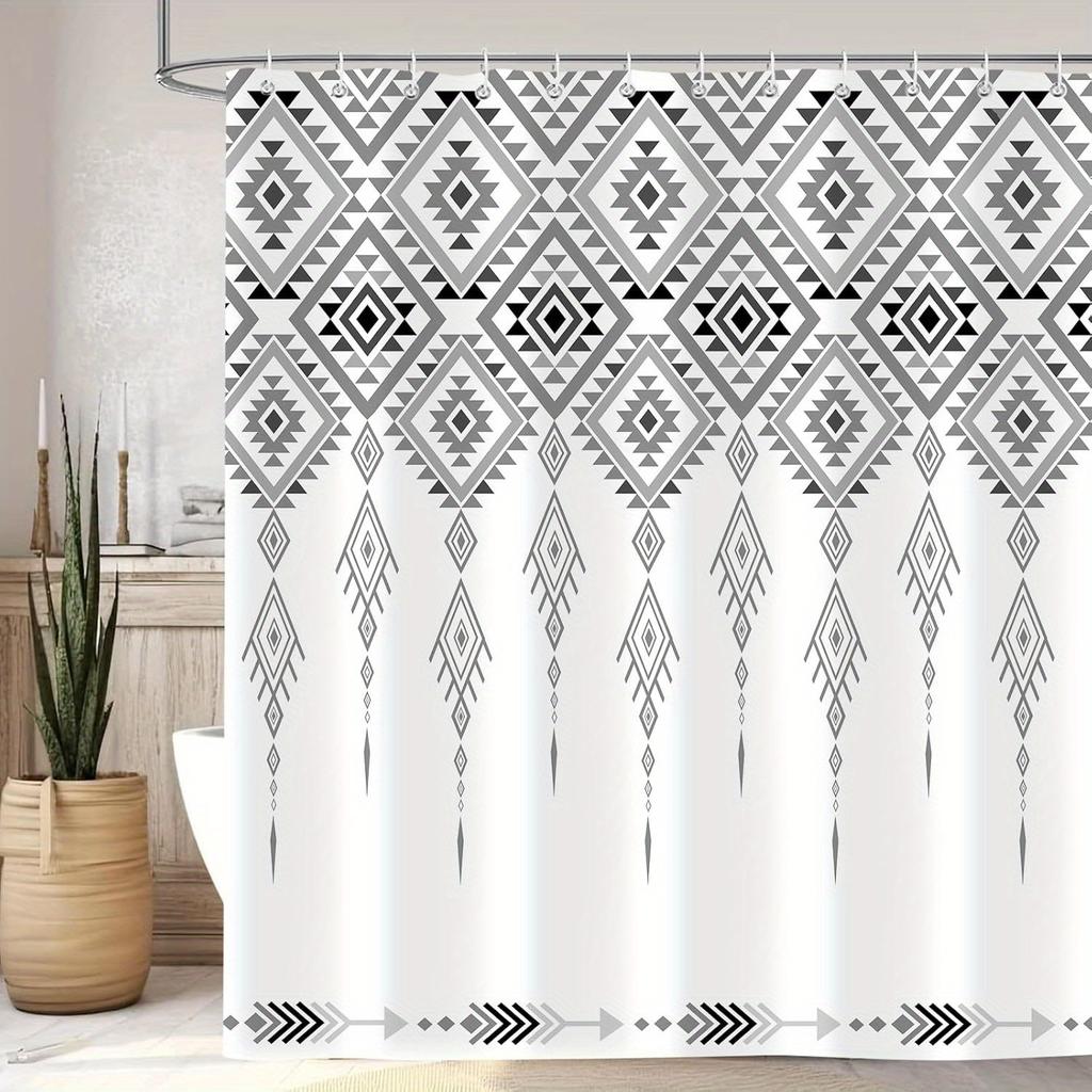 Southwestern Aztec Tribal Geometry Shower Curtain - Grey & White, Polyester, Includes 12 Hooks, All-Season Woven Bath Decor