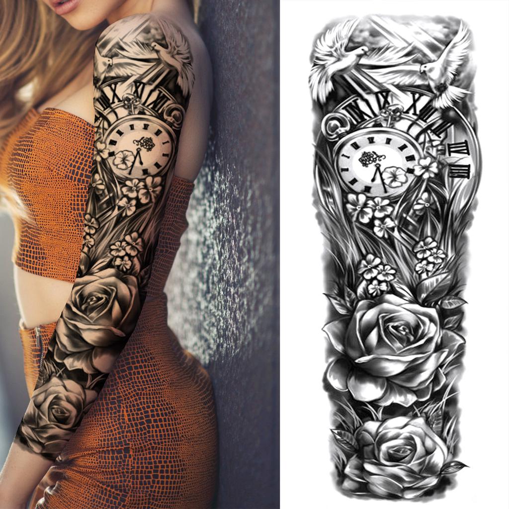1 Foglio Tatuaggi Temporanei Finti Manica Lunga Per Donne Uomini Leone Tigre Fiore Lupo Maori Tatuaggio Adesivo Braccio Gamba Trasferimento ad Acqua Fai da Te