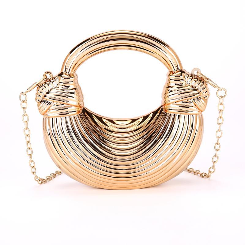 Metallic Crescent Clutch Bag Shiny Striped Design Detachable Chain Strap for Women Evening Wedding Cocktail Party