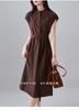 Minimalist printed round neck short sleeved dress for 2026 summer fashion, versatile and slimming, mid length lace up skirt