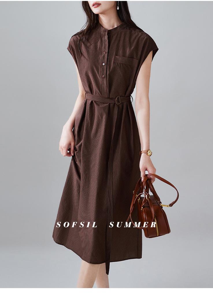 Minimalist printed round neck short sleeved dress for 2026 summer fashion, versatile and slimming, mid length lace up skirt