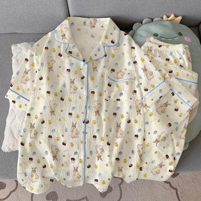 Mädchen Süßes Kaninchen Sommer Kurzarm-Pyjama Damen Wolkenbaumwolle Locker Hausanzug Zweiteiliges Set