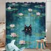 1 Mystical Black Cat and Pink Water Lily Shower Curtain, Vibrant Digital Art Design, Polyester Fabric, Easy to Hang