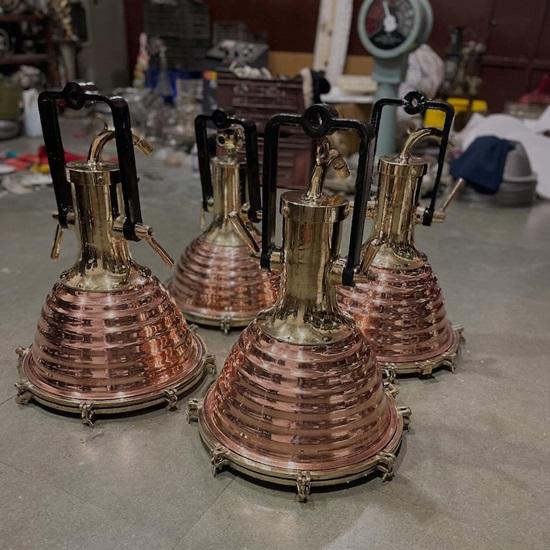 Nautical Copper Brass Pendant Light Large Industrial Marine Ship Lamp, Coastal Ceiling Fixture, Retro Maritime Lighting Set Of 4