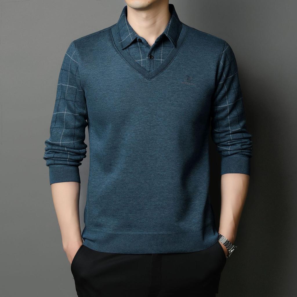Business Casual Men's Middle-aged Fashion Pullover Men's Sweater Fake Two Pieces Autumn New Shirt Collar Sweater