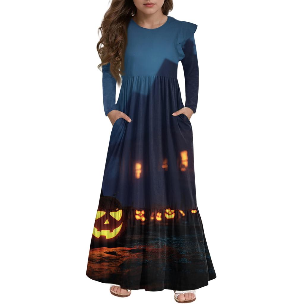 Girls' Tiered Ruffle Dress Halloween Day - Long Sleeve Printed Maxi With Pockets
