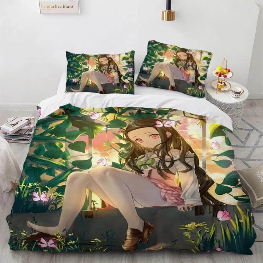 Anime Demon Slayer Bedding Sets Hot Kamado Nezuko  Duvet Cover Set for Teens Girls Cartoon Twin Single Full Bed Linen For Gift