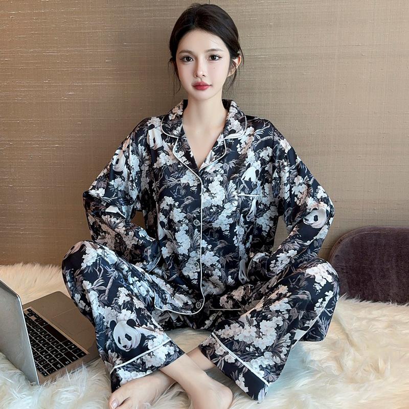 2025 spring Women's Pajamas Set Silk Cartoon Panda Long Sleeve Sleepwear Leisure Nightwear Pyjamas for Women Homewear