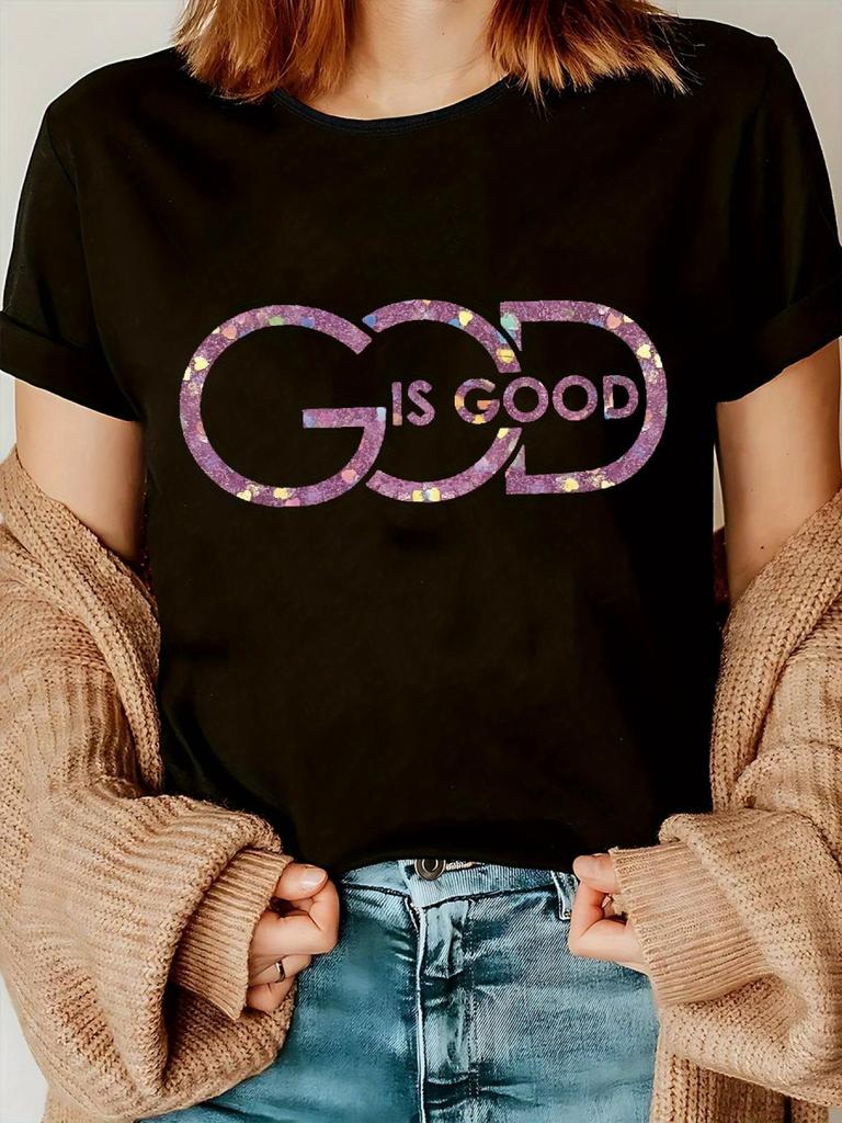 Camiseta Feminina Elegante Fé Cristã - DEUS É BOM Letras com Glitter e Design Brilhante, Gola Redonda Casual para IgreJA
