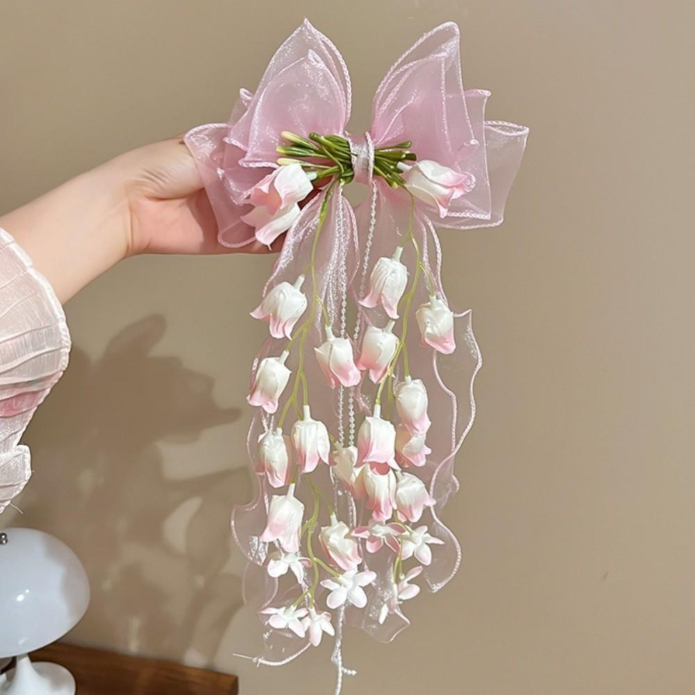 Long Ribbon Bow Hair Clip Bell Orchid Hair Barrettes New Sweet Headband  For Girls