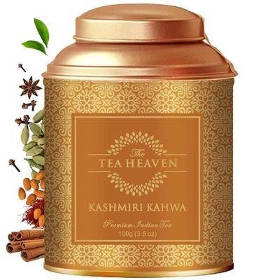 The Tea Heaven - Grüner Tee als Geschenk mit losen Blättern - Kashmiri Kahwa - 100 Gramm Teepackung - Gemischt mit Safran und Gewürzen - 100 % natürliche Zutaten