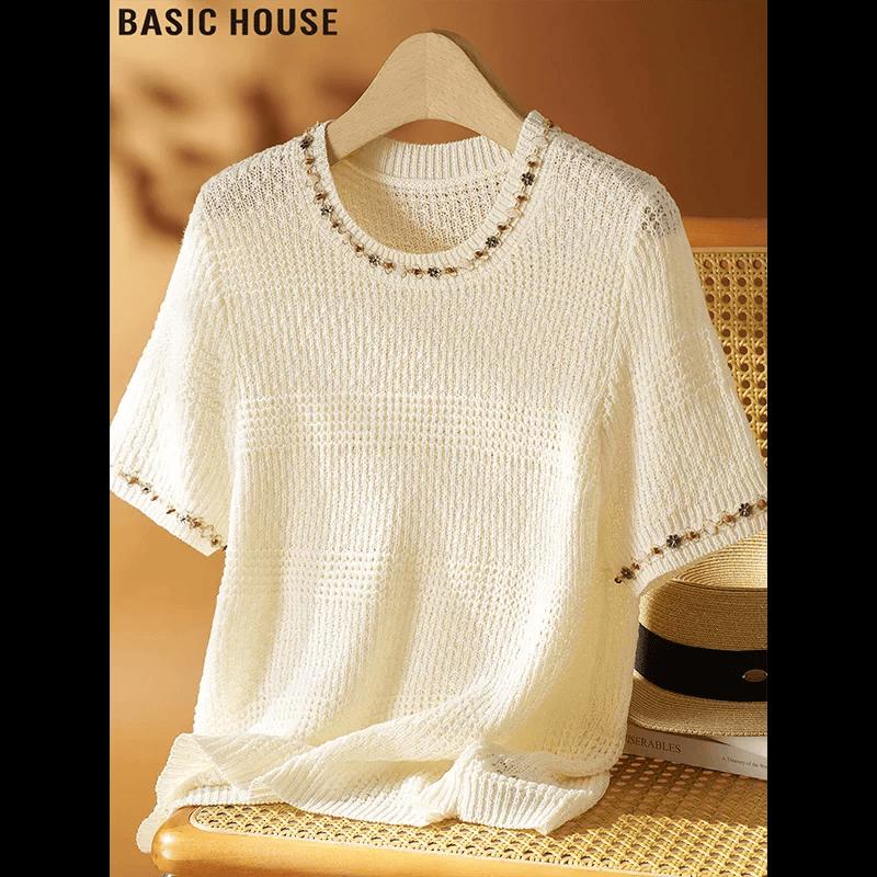 Basic House Women s Apricot Heavy Beaded Short Sleeve Knit Top XL