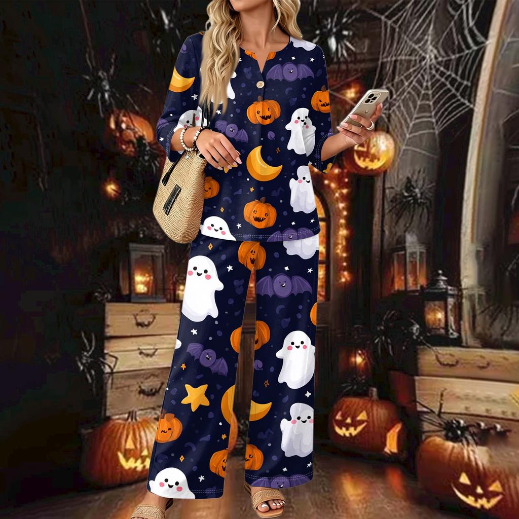 Women's Casual Printed 3/4 Sleeve Button Down Top and Wide Leg Pants 2 Piece Set