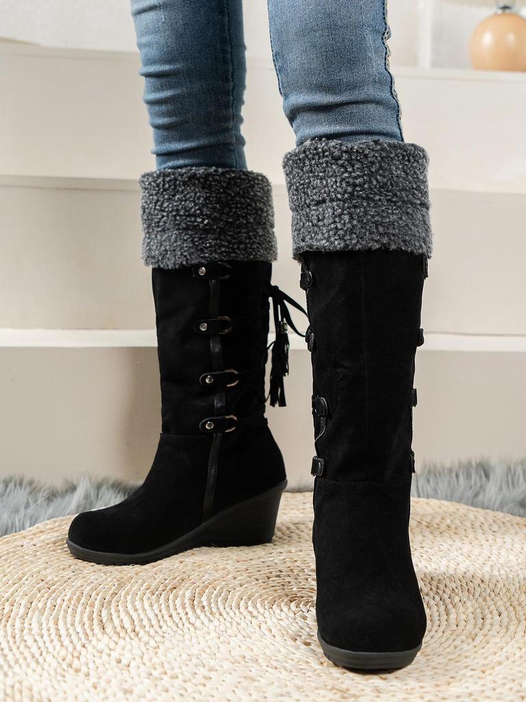 European & American Large Size Women's Tassel Lace-Up Wedge Heel Frosted Cotton Snow Boots