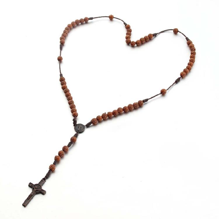 Pendentif Crucifix Vintage Collier Tressé Perles en Bois Chaînes de Pull pour Femmes