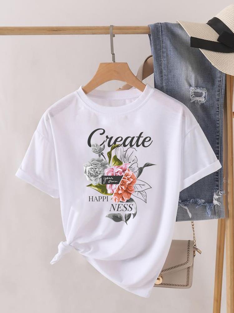 (Asian Size) flower trend cute T Shirt Lady Female Top Fashion Graphic Short Sleeve T-shirts Casual Printed Clothing Women Tee