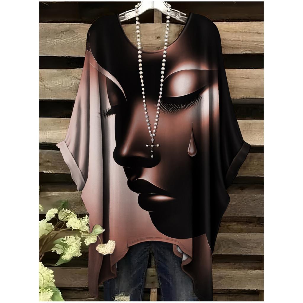 Vêtements pour femmes Décontracté Élégant Confortable Col Rond Manches Courtes T-shirt Portrait de Rêve Larmoyant Impression Pullovers Confortables