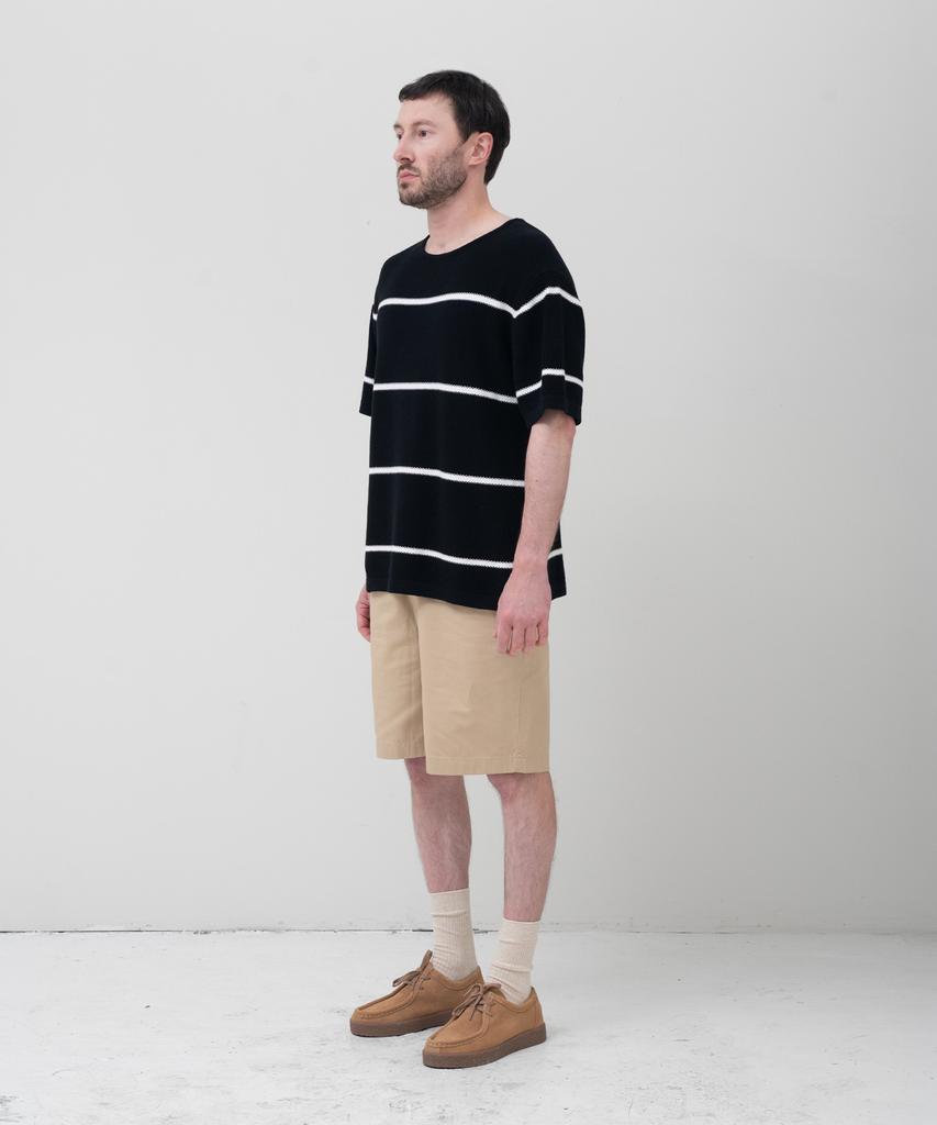 MANNERGRAM Striped Boat Neck 100% Cotton Short Sleeve Knit Black