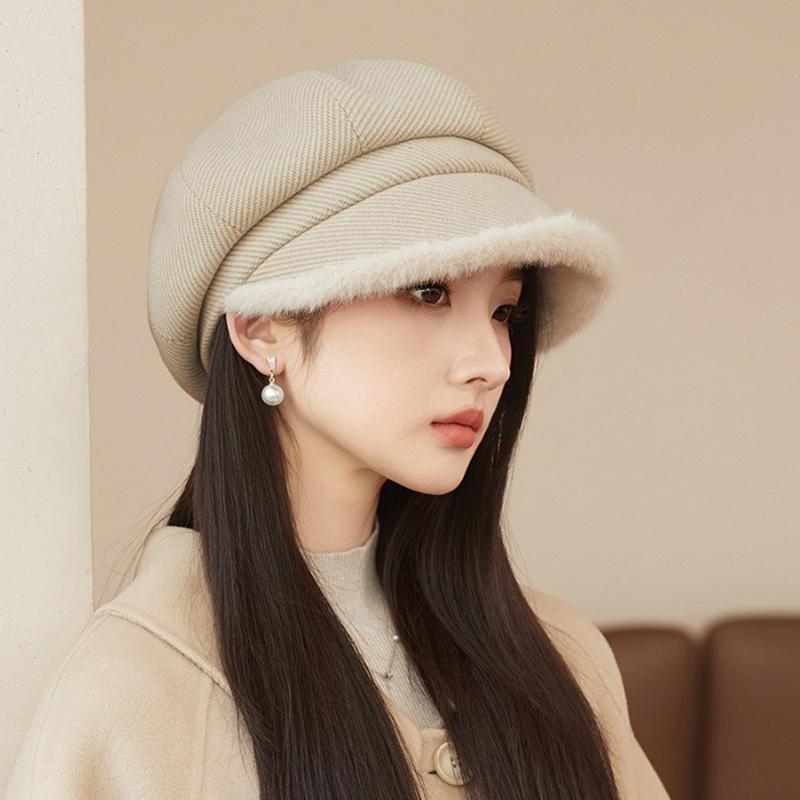 Thick Plush Octagonal Hat Women's British Solid Color Painter Hat Autumn Winter Newsboy Hat