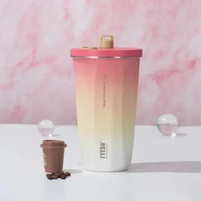 

Tyeso 600ML Stainless Steel Coffee Cup With Straw Gradient Color Insulated Water Bottle Car Thermos Mug Cold Drink Vacuum Cup 600ML рожевий