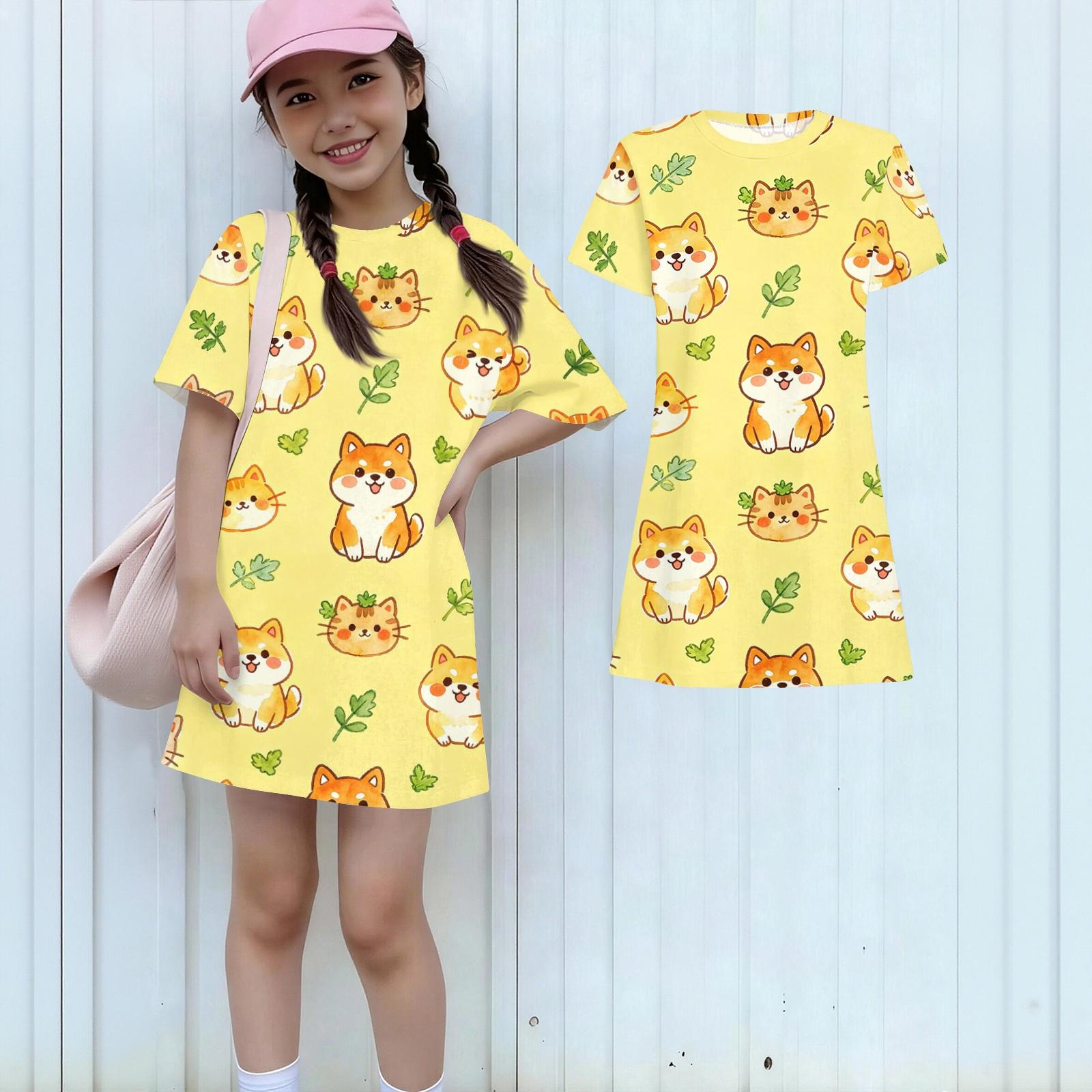 

Girls Animal Print Dress Short Sleeve Loose Fit Round Neck Lightweight Casual Dress for Kids Summer Wear 160 жёлтый