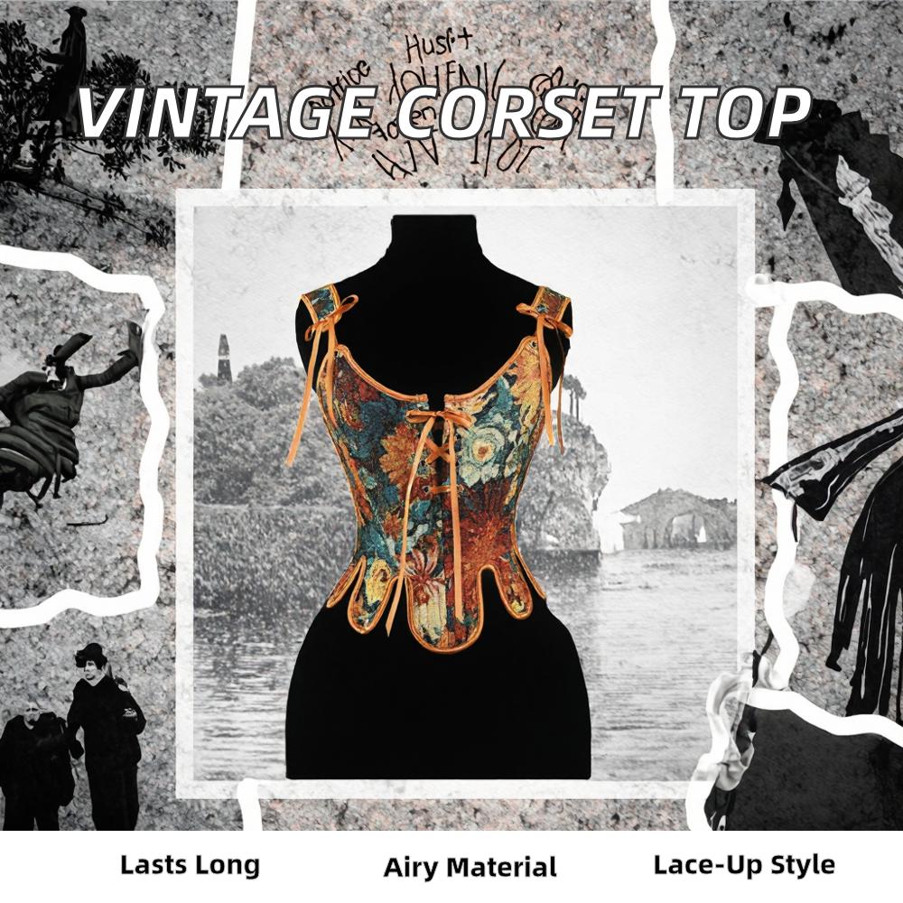 Women's Vintage Tie Waist Trainer Corset Breathable Yarn-Dyed Renaissance Vest Camisole Lace-Up Back French Back-strap Corset