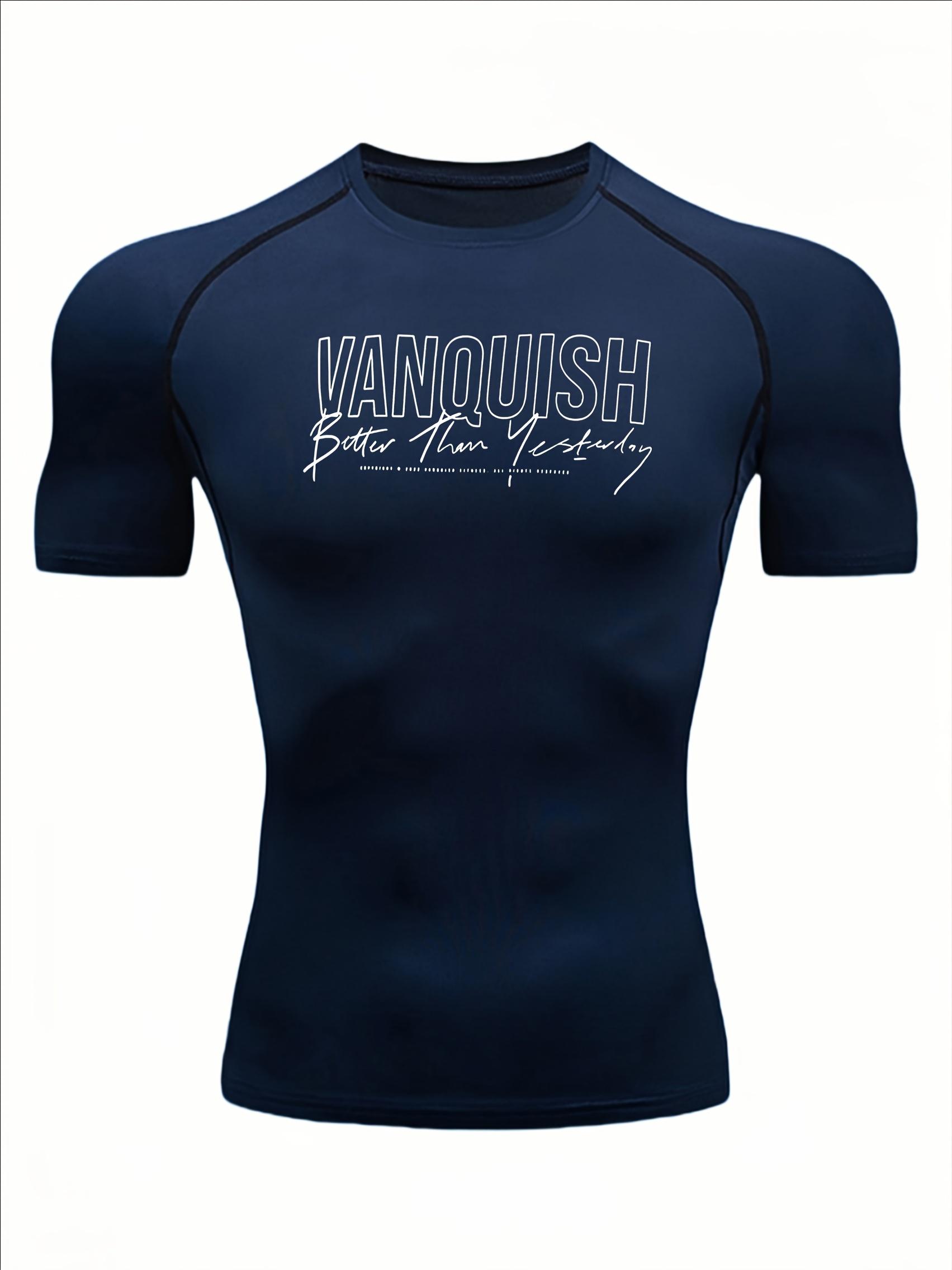 Men s Black  VANQUISH Better Than Yesterday  Motivational Print Compression T-Shirt, Stretch Fabric High Elasticity Gym Workout  Sports Training Top S тёмно-синий