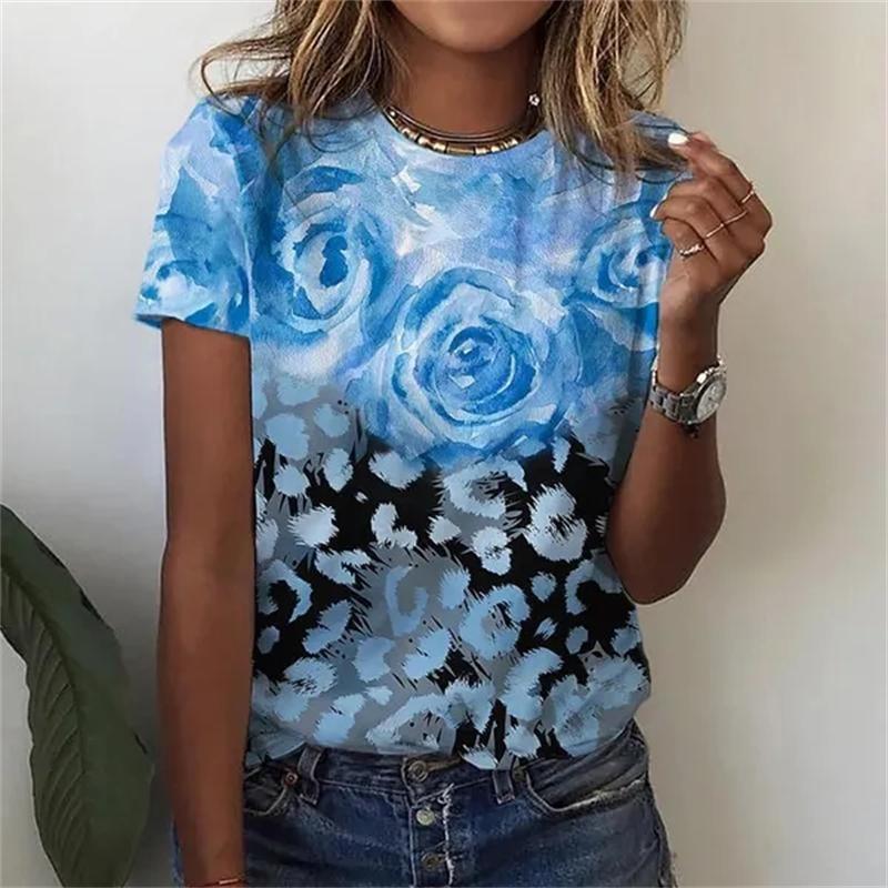 Summer Round Neck Floral Print Top  Fashionable Casual Short Sleeved Women's T-shirts