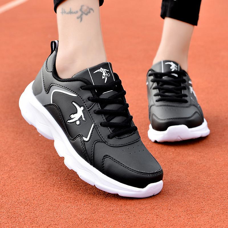 Women's shoes leather surface waterproof sports shoes spring lightweight soft sole running shoes women's casual shoes black shoes female brand