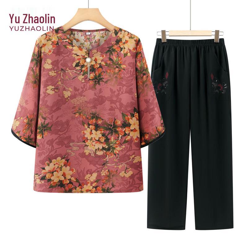 YUZHAOLIN Women s Summer T-Shirt Two-Piece Set for Elderly 2XL