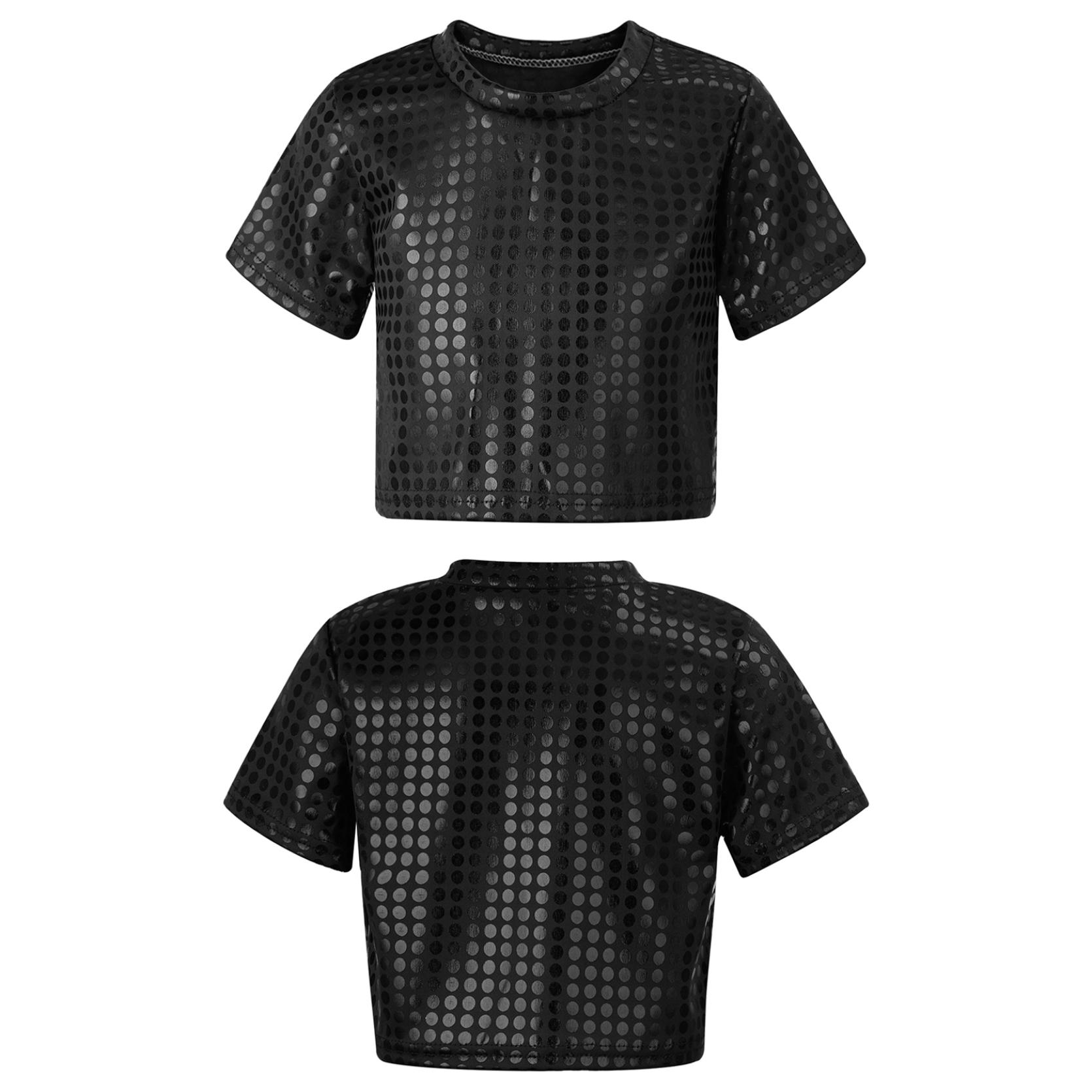 

Костюмы для джазовых танцев, детские однотонные футболки с блестящими пайетками и короткими рукавами для мальчиков и девочек, укороченные топы, одежда для сценических выступлений для уличных танцев 2-3 Years чёрный