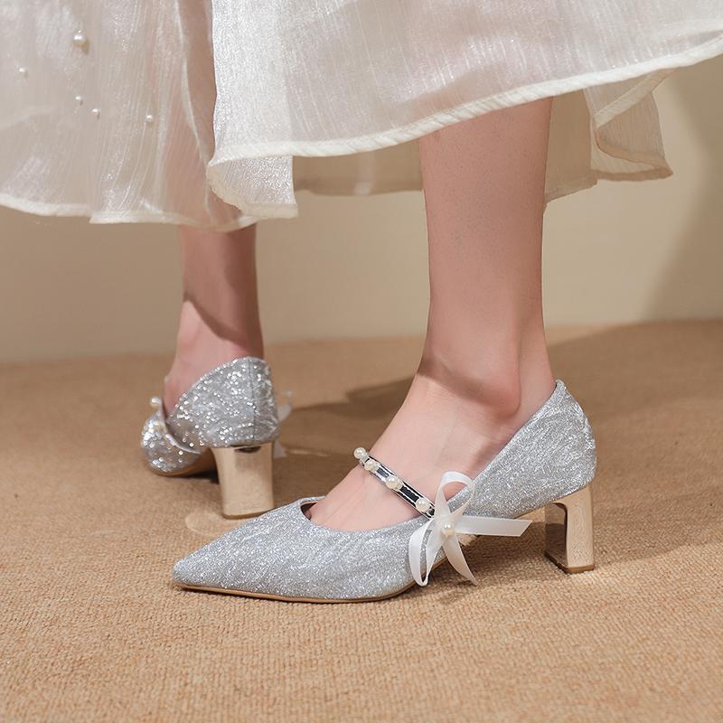 New One-line with Pointed Toe Shallow Single Shoes Feminine Pearl Bow Non-tiring Feet Non-slip Block Heel High Heels
