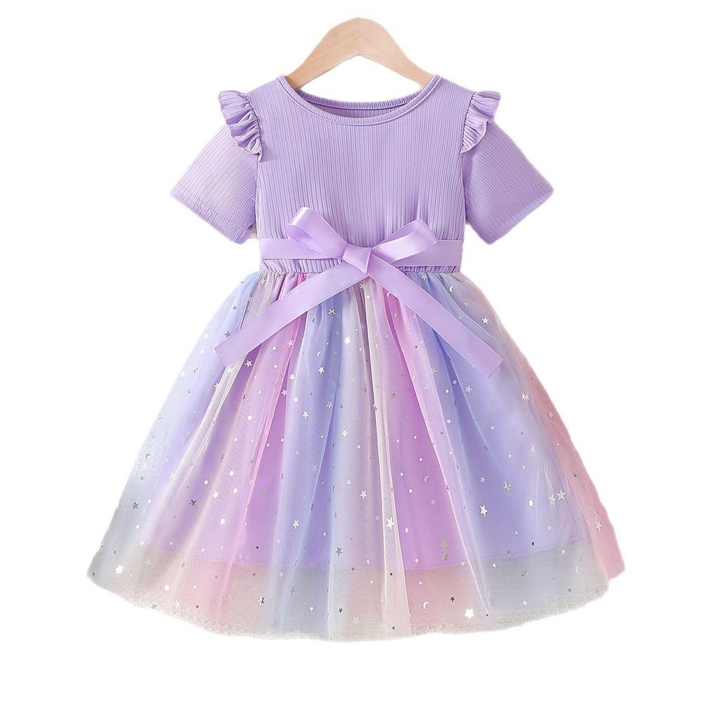 2025 Summer Girls' Gradient Mesh Bow Dress - Short Sleeve Princess Style